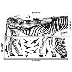 Detail of zebra wall stickers with mountain forest landscape and dimension labels