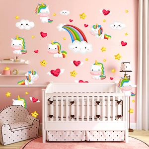 Rainbow unicorn wall decals with hearts and clouds for kids room decoration