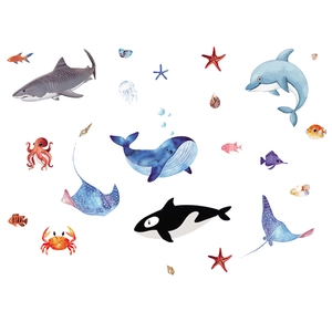 Watercolor sea animal wall decals featuring whales, sharks and dolphins for kids rooms