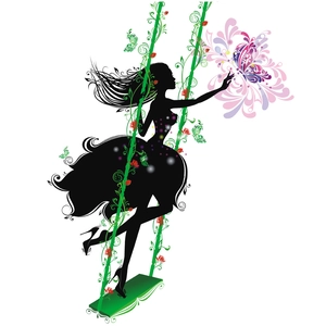 Detail of floral wall sticker featuring black female silhouette on a vine swing