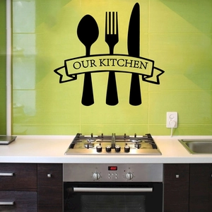 Detail of waterproof vinyl kitchen wall sticker featuring cutlery and Our Kitchen lettering