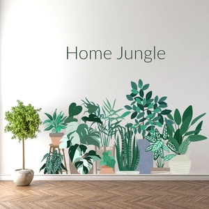 Detail of Nordic tropical leaf wall stickers featuring Monstera and Home Jungle lettering