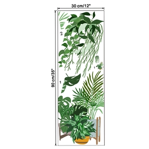 Detailed 30x90cm layout of tropical green leaf and hanging plant wall decals