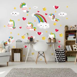 Colorful rainbow unicorn and heart wall stickers for kids bedroom decor