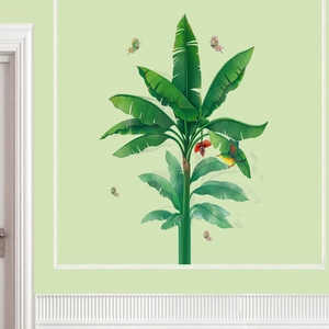 Detailed realistic banana tree wall sticker with green leaves and colorful butterflies