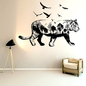Tiger silhouette wall sticker with inner forest detail and flying birds for home decor