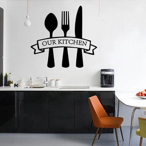 Minimalist black vinyl wall sticker with cutlery and Our Kitchen text for home decor