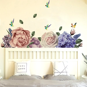 Pegatina de pared autoadhesiva con peonías pintadas a mano y pájaros para decoración de casa