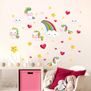 Cartoon Rainbow Unicorn Wall Stickers For Kids Room Bedroom PVC Waterproof Heart Cloud Stars DIY Wall Decor Mural