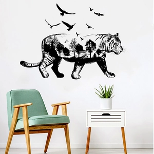 Detailed tiger silhouette wall decal with forest landscape and flying birds scenery