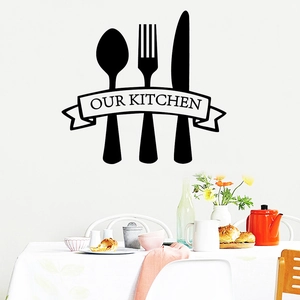 Minimalist black 'Our Kitchen' vinyl wall sticker featuring cutlery silhouettes and text