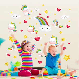 Detail of colorful cartoon unicorn wall stickers with stars and rainbow for kids room