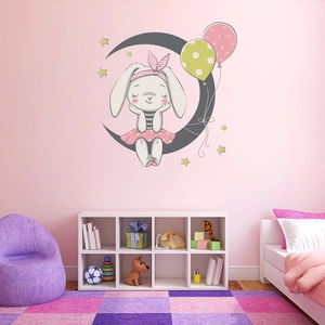 Cute bunny and moon wall stickers with polka dot balloons for kids' nursery decor