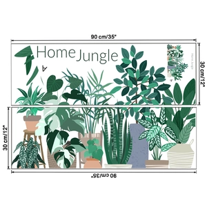 Detail showing dimension and layout of 30x90cm green plant wall stickers with Home Jungle theme