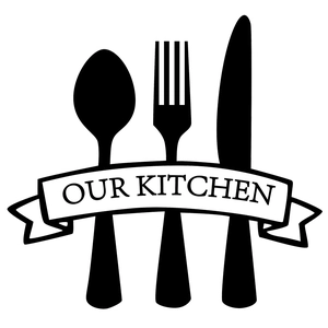 Minimalist black vinyl wall sticker with Our Kitchen banner and cutlery silhouette set