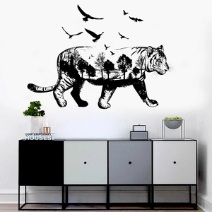 Modern black tiger silhouette wall sticker with inner forest landscape for living room decor