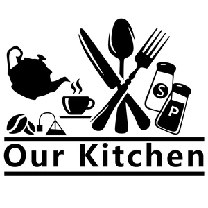 Kitchen wall decal featuring cutlery, coffee cups, and Our Kitchen typography design