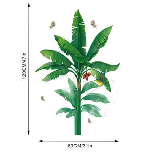 Detail showing tropical banana tree wall sticker dimensions 120x80cm with hummingbird