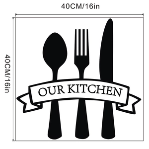 Detail view of Our Kitchen vinyl wall sticker with cutlery silhouettes and 40cm dimensions