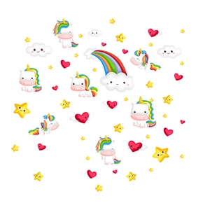 Rainbow unicorn wall stickers with hearts and clouds for kids' bedroom decoration