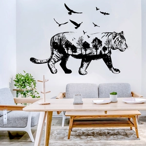 Tiger silhouette wall sticker with inner forest landscape and birds for home decor