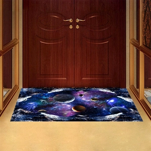Detailed 3D cosmic galaxy rug with star nebula design in front of a wooden door