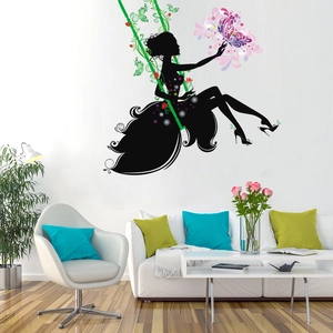 Modern wall sticker showing a woman silhouette on a flower swing in a living room decor