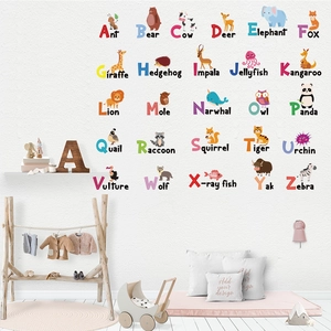 Detailed view of colorful ABC forest animal wall stickers in a cozy nursery bedroom