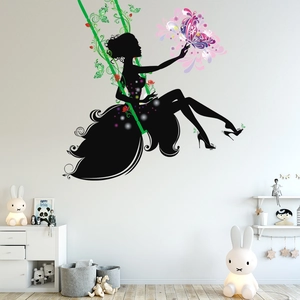 Elegant female silhouette on swing with colorful butterflies decorative wall decal