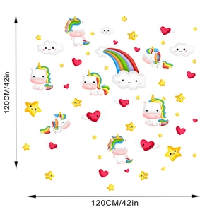 Rainbow unicorn wall decals with clouds and stars stickers layout showing dimensions