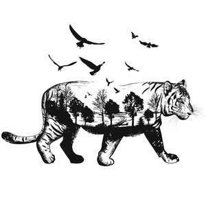 Artistic tiger silhouette wall sticker with dual exposure forest and flying birds detail