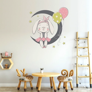 Cartoon rabbit sitting on moon wall sticker with stars and balloons for nursery decor