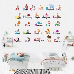 Nursery wall stickers featuring 26 cartoon forest animal alphabet letters on a white wall