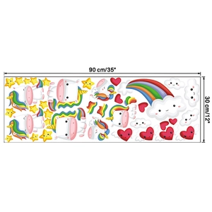 Detailed dimensions of unicorn wall sticker set measuring 90cm by 30cm with colorful motifs