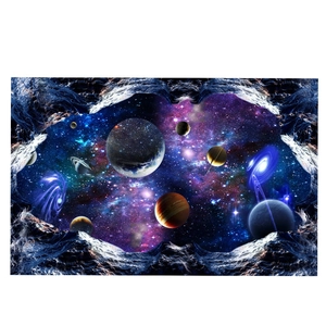 3D outer space wall decal with planets and nebula through a cracked wall effect