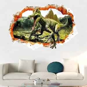 Detail of 3D Spinosaurus wall sticker breaking through a wall in a living room scene