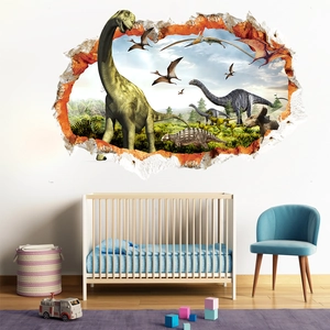 Detail van 3D-dinosaurus muursticker met realistische oerwoudscène in kinderkamer