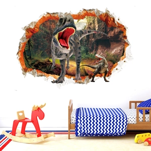 3D dinosaur wall sticker with T-Rex breaking through wall for kids room decor