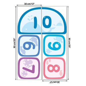 Detailed size chart for ocean animal hopscotch wall stickers measuring 30x90 cm