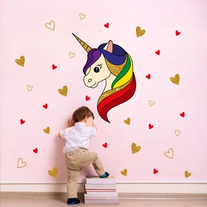 Cartoon Rainbow Unicorn Wall Stickers Gold Glitter Heart Stars Waterproof PVC Decal For Kids Bedroom Nursery Home Decoration