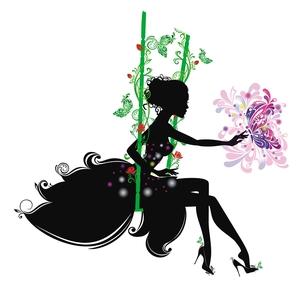 Detail of female silhouette on a vine swing with colorful butterflies wall sticker