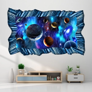 3D space universe planet wall decal with cosmic galaxy view through broken wall effect