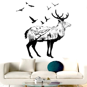 Modern black elk wall sticker featuring a double exposure forest and mountain design