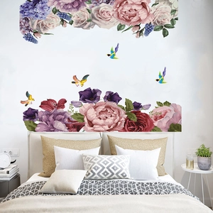 Vinilo decorativo autoadhesivo de peonías con rosas y pájaros para decoración hogar