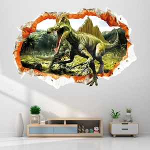 Macro detail of a 3D dinosaur wall sticker with Spinosaurus breaking through the wall