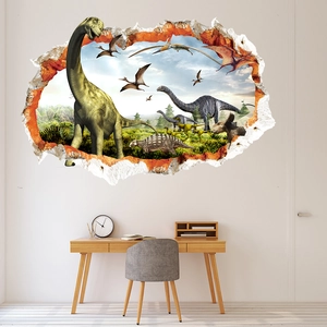 3D muursticker detail met diverse dinosauriërs die uit een gebarsten muur komen