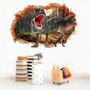 3D realistic dinosaur wall sticker breaking through wall for kids bedroom decor