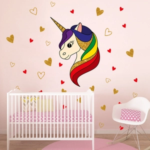 Golden unicorn wall stickers with pink hearts for nursery and children room decoration