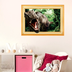 3D-Wandaufkleber mit Waldsaurier und T-Rex in Goldrahmen für Kinderzimmer-Deko
