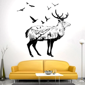 Modern black deer silhouette wall sticker with forest landscape and birds detail